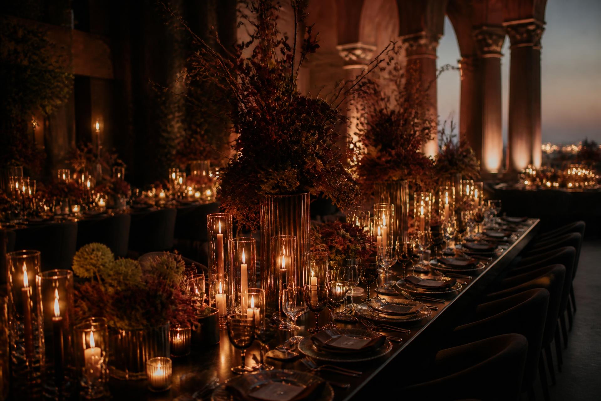 Candlelit luxury event tablescape at dusk